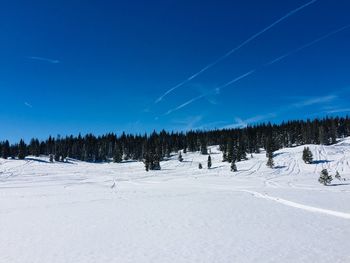 Scenic view of snow covered landscape against blue sky