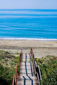 Boardwalk on beach against sky