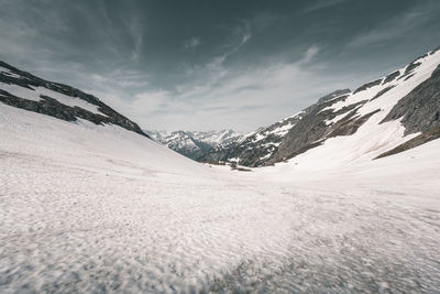 Scenic view of snow covered mountains against sky