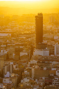 High angle view of buildings in city at sunset, alicante, region of valencia, spain