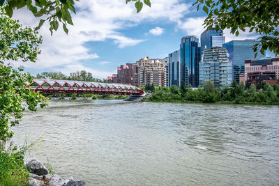 Bridge over river by buildings in city against sky