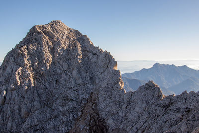 Scenic view of snowcapped mountains against clear sky