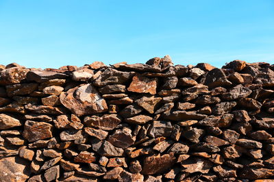 Stack of rocks against clear blue sky