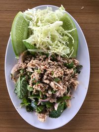 High angle view of salad in plate on table