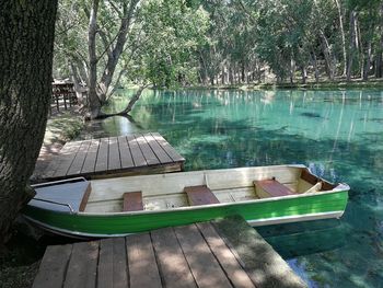 Swimming pool by lake in forest