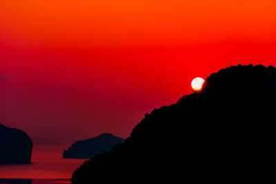 Silhouette mountain by sea against sky during sunset