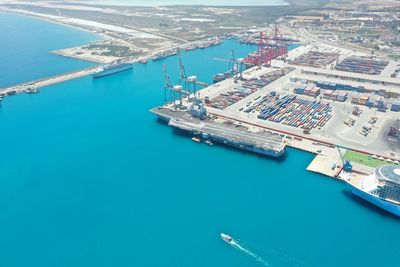 High angle view of harbor by sea