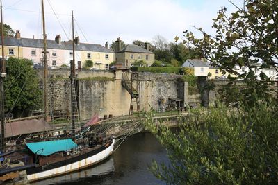 Sailboats moored in port  by buildings in city against sky