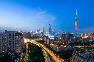 Panoramic view of city buildings at night