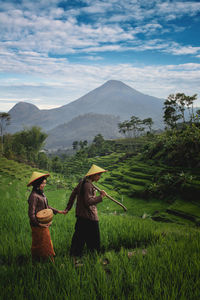 Couple holding hands while walking amidst plants on mountain