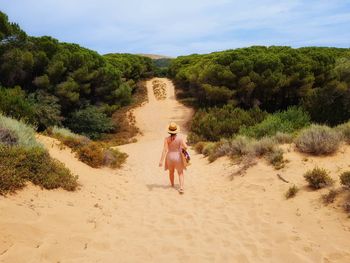 Woman from behind with hat walks in the sand dunes in the wild argentiera beach in sardinia