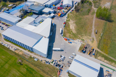 Aerial view of goods warehouse. logistics center in industrial city zone from above. aerial 