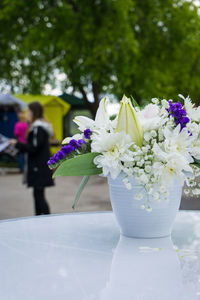 Close-up of white flower pot on table