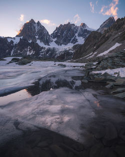 Scenic view of snowcapped mountains against sky during winter