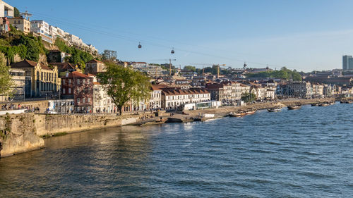 View of buildings in city against clear sky