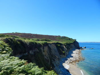 Scenic view of sea against clear blue sky