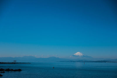 Scenic view of sea against clear blue sky