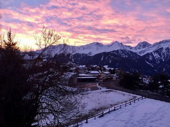 Scenic view of mountains against sky during winter
