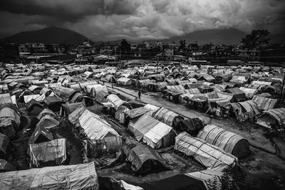 High angle view of refugee camp on field