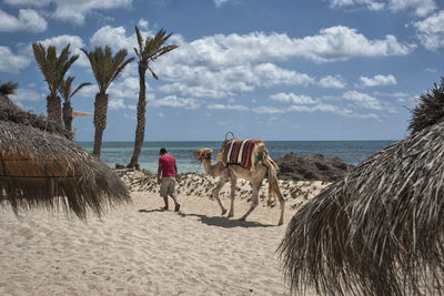 Panoramic view of people on beach against sky