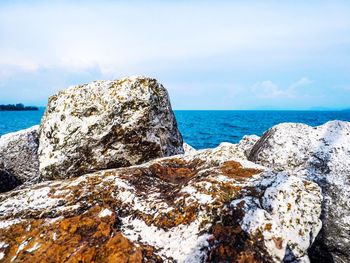 Close-up of rock by sea against sky