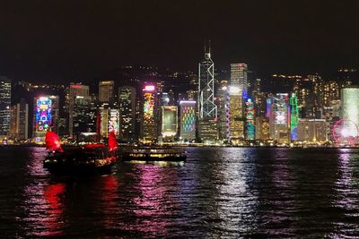 Illuminated buildings by river against sky at night