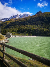 Scenic view of lake and mountains against sky