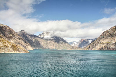 Scenic view of lake against mountain range