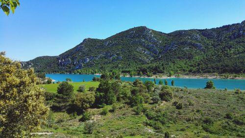 Scenic view of lake against clear sky