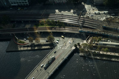 High angle view of illuminated cityscape