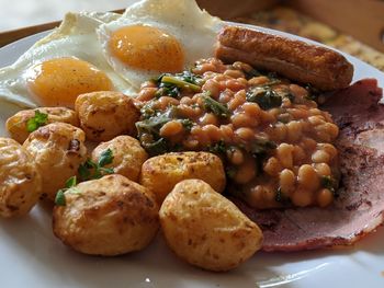 High angle view of breakfast served on table