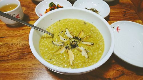 High angle view of soup in bowl on table