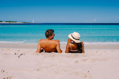 Rear view of men on beach