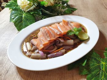 Close-up of meal served on table