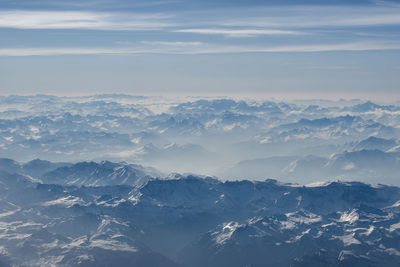 Aerial view of snowcapped mountains against sky