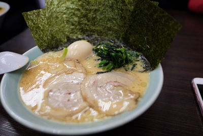 High angle view of soup in bowl on table