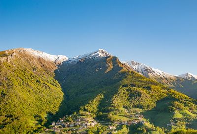 Scenic view of snowcapped mountains against clear sky