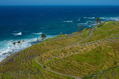 High angle view of sea shore against sky