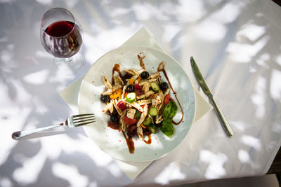 High angle view of meal served on table
