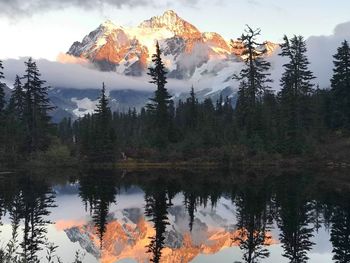 Reflection of trees and mountains in lake against sky