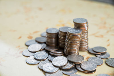 Close-up of coins on table