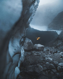 Close-up of rock formation on snow