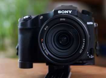 Close-up of camera on table