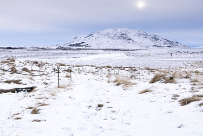 Scenic view of snow covered mountain against sky