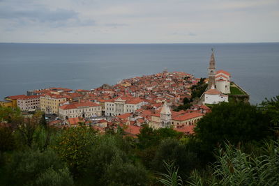 Scenic view of sea by city against sky