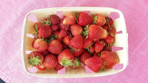 Directly above shot of strawberries on container on table