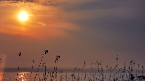 Scenic view of sea against romantic sky at sunset