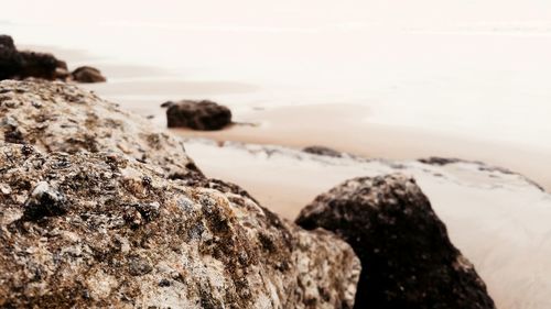 Close-up of rocks on beach against sky