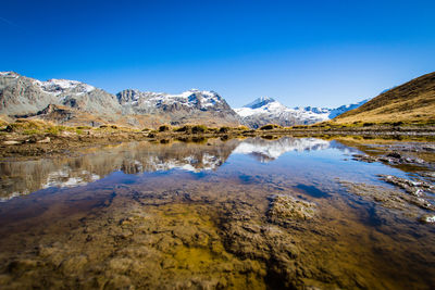 Scenic view of lake and mountains against clear blue sky