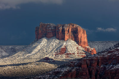 Snow on the red rocks on courthouse butte in sedona, arizona